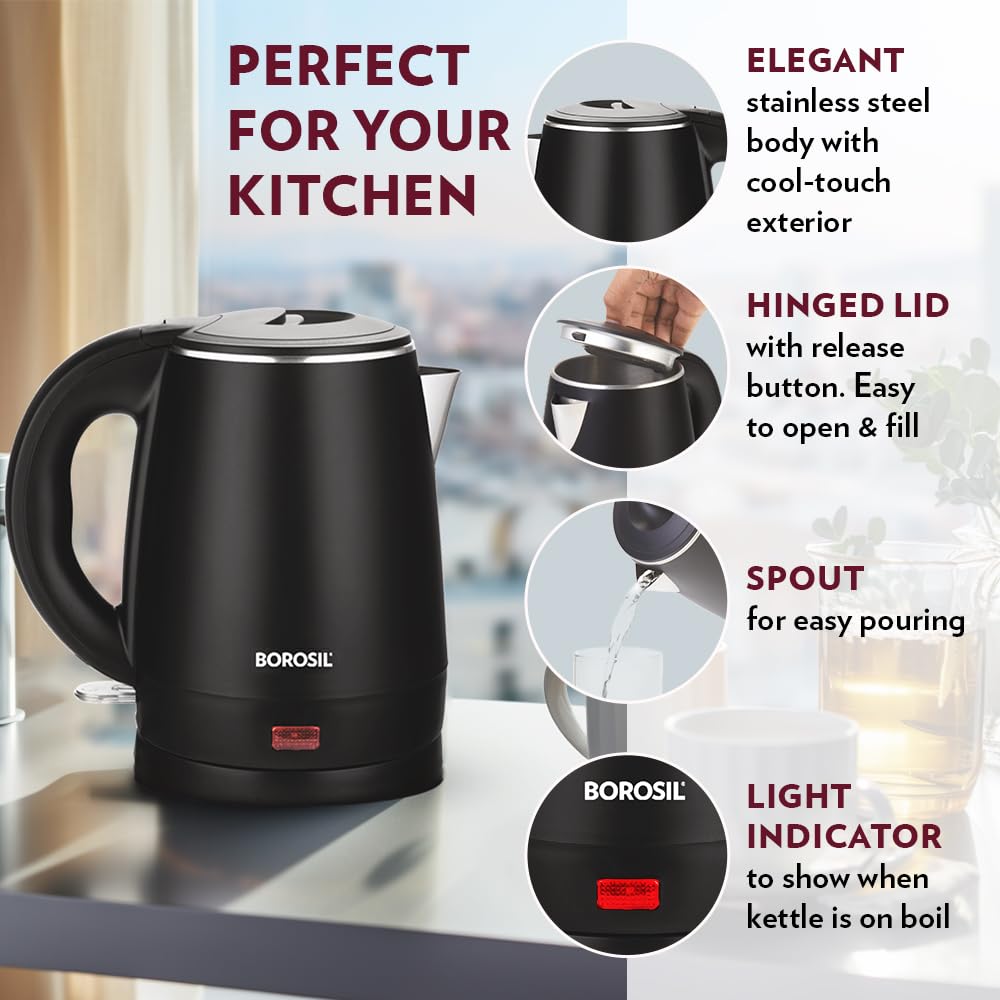 Borosil 1L 1350W Stainless Steel Cooltouch Electric Multipurpose Kettle